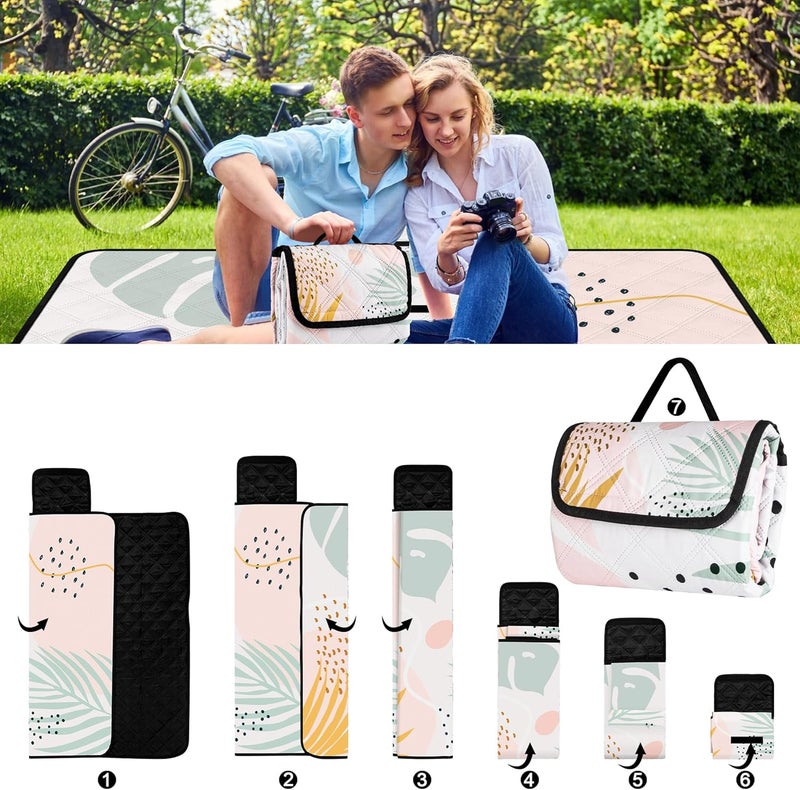 BEW Picnic Blankets,79''x79'' Extra Large Sandproof Waterproof Beach Blanket,Foldable Portable 3-Layer Polyester Outdoor Picnic Blanket for Grass Lawn,Beach,Family Camping,Park,Travel-Tropical Leaves - Image 5